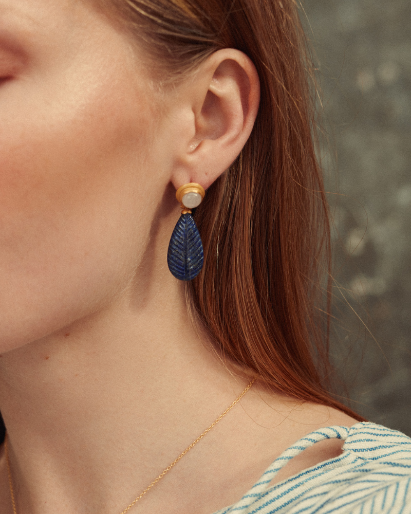 Reya statement earrings with carved lapis and moonstone - pre-order