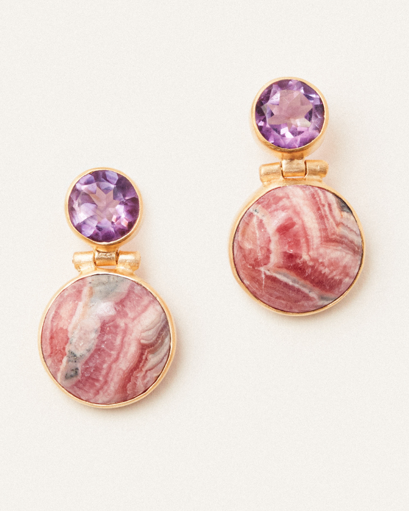 Priscilla statement earrings with amethyst and rhodochrosite