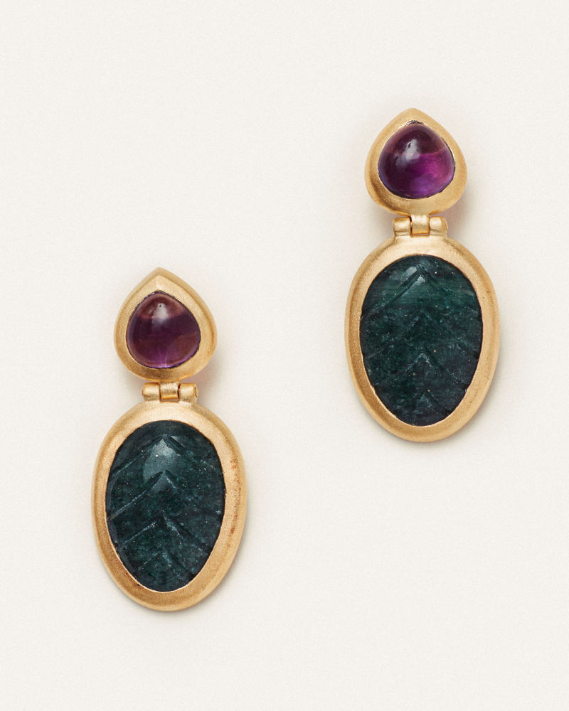 Gladys statement earrings with carved aventurine and amethyst