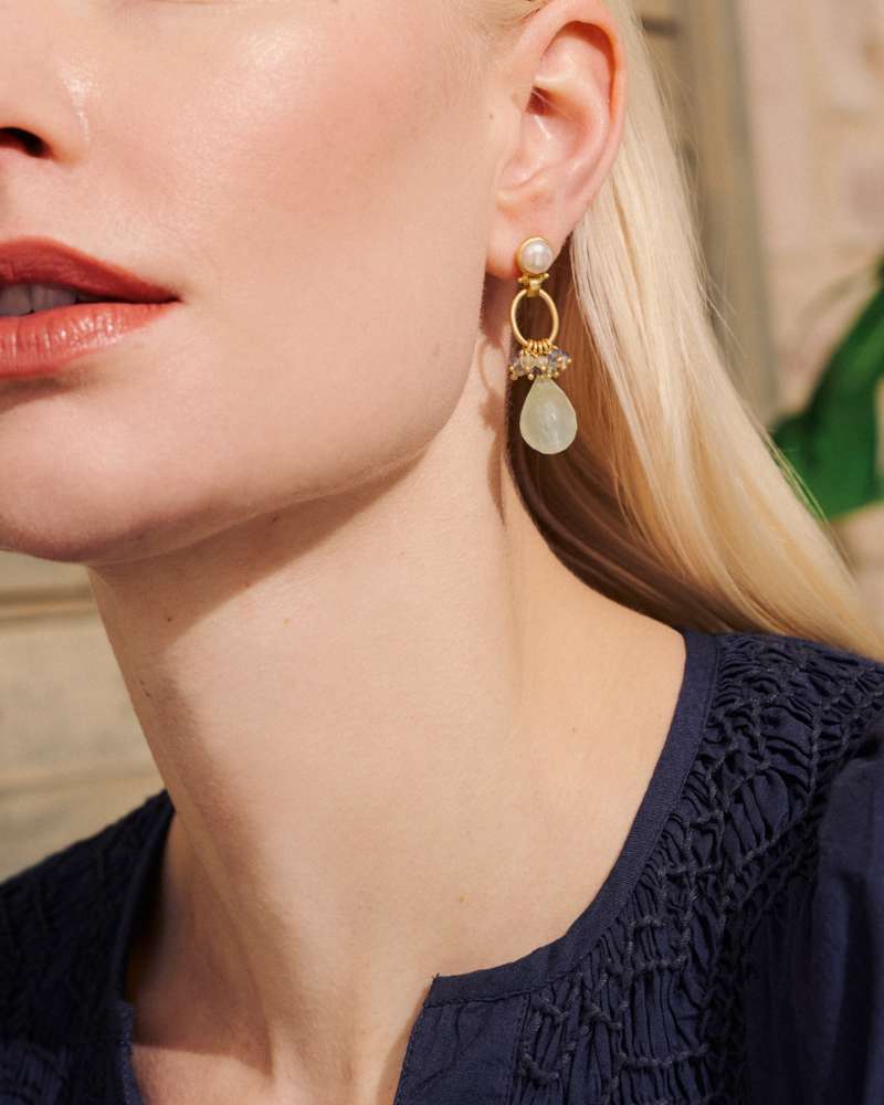 Camila earrings with prehnite, iolite and pearl