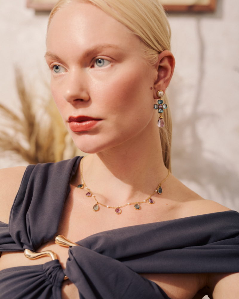 Ines earrings with pearl, apatite and pink amethyst - pre-order