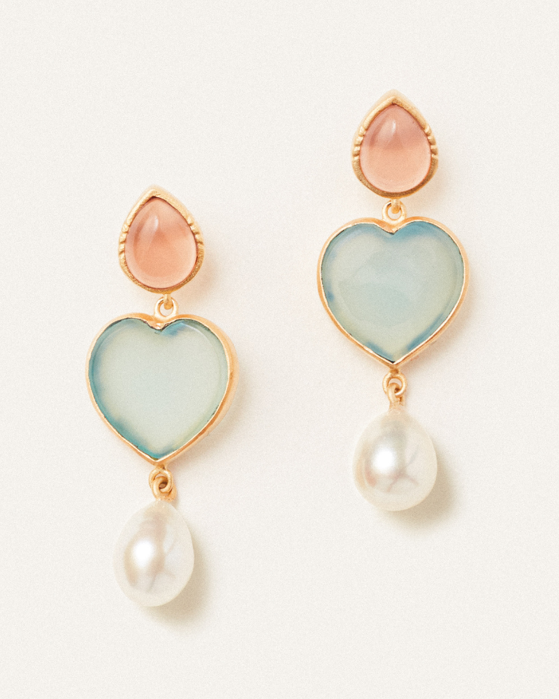 Ula earrings in aqua and rose chalcedony and pearl