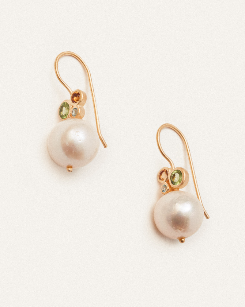 Bubble earrings with blue topaz, peridot, citrine and pearl
