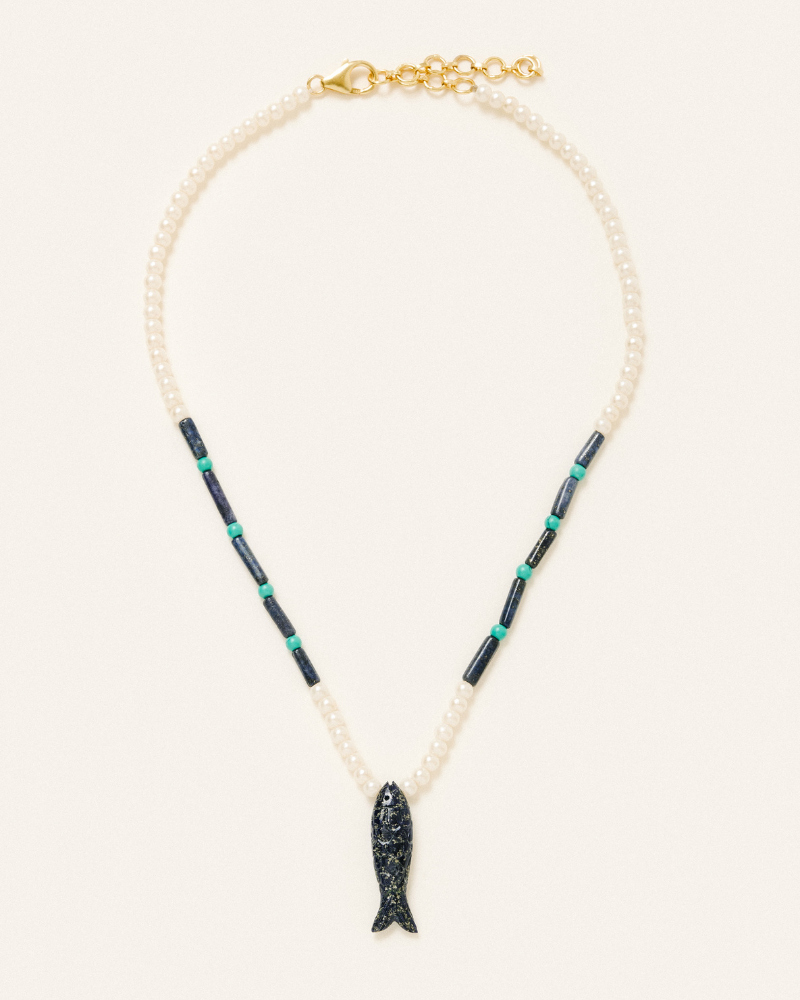 La pesca necklace with carved lapis, turquoise and pearl