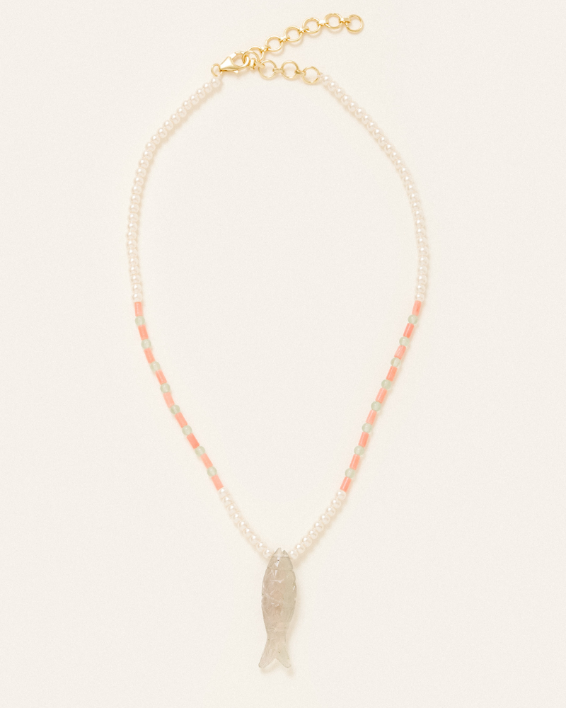 La pesca necklace with carved flurorite, aventurine and pearl