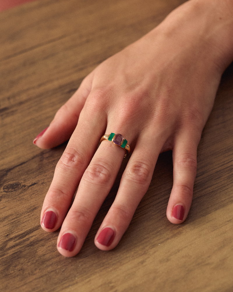 Rae ring with pink amethyst and onyx - gold vermeil