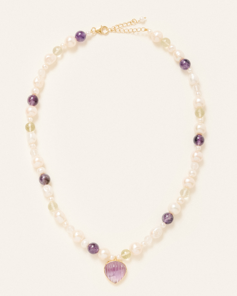 Rosario necklace carved amethyst lemon quartz quartz pearl
