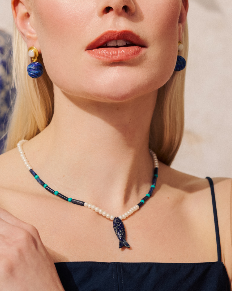 La pesca necklace with carved lapis, turquoise and pearl