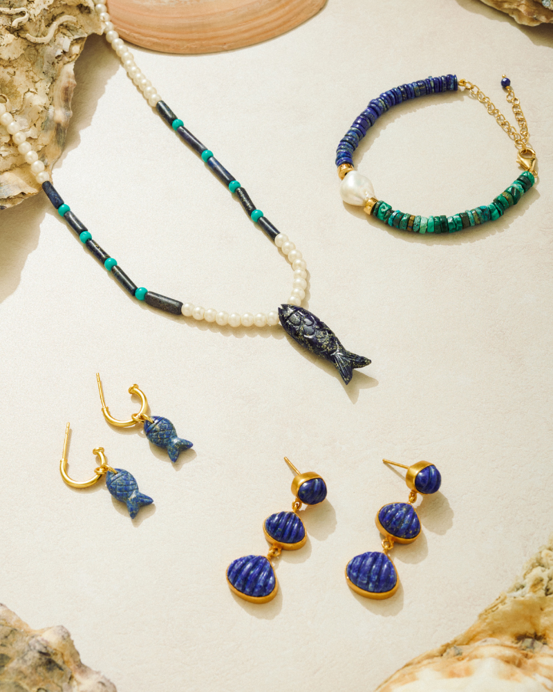 La Pesca earrings with carved lapis