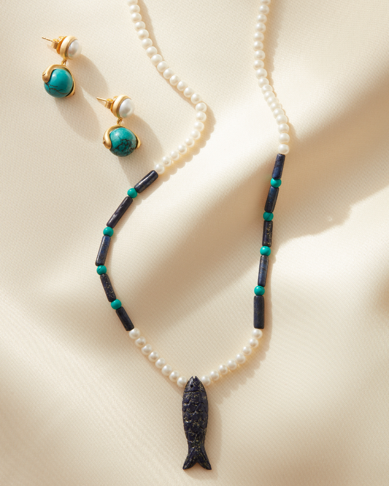 La pesca necklace with carved lapis, turquoise and pearl