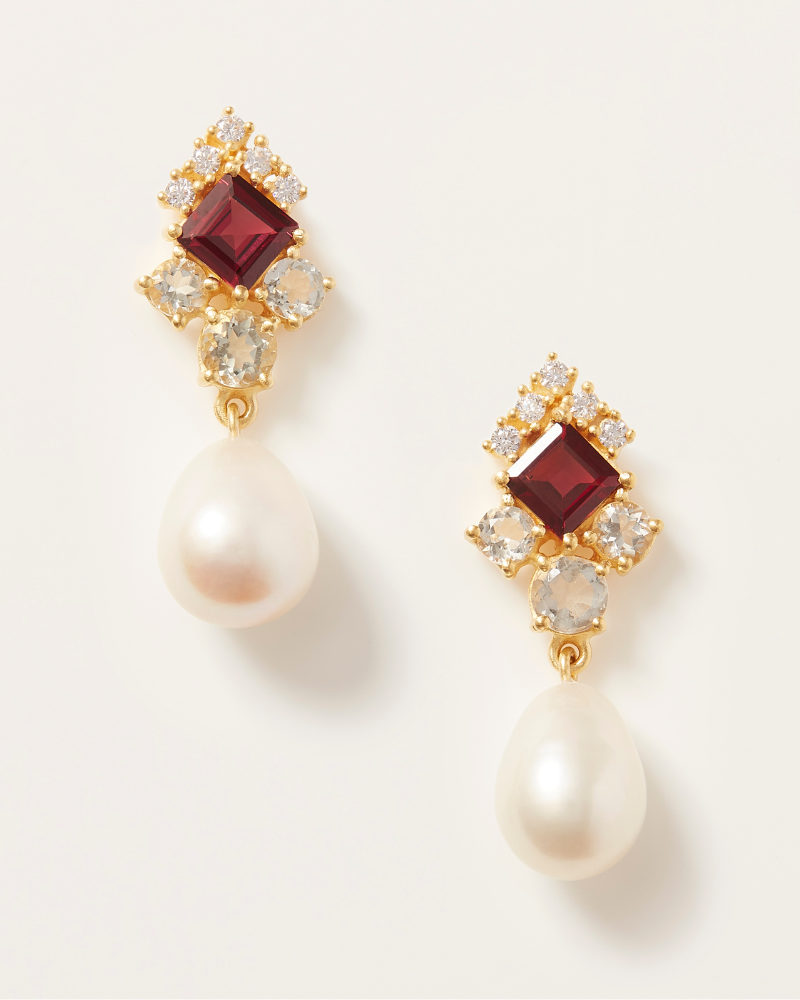 Clara earrings with garnet, green amethyst and pearl