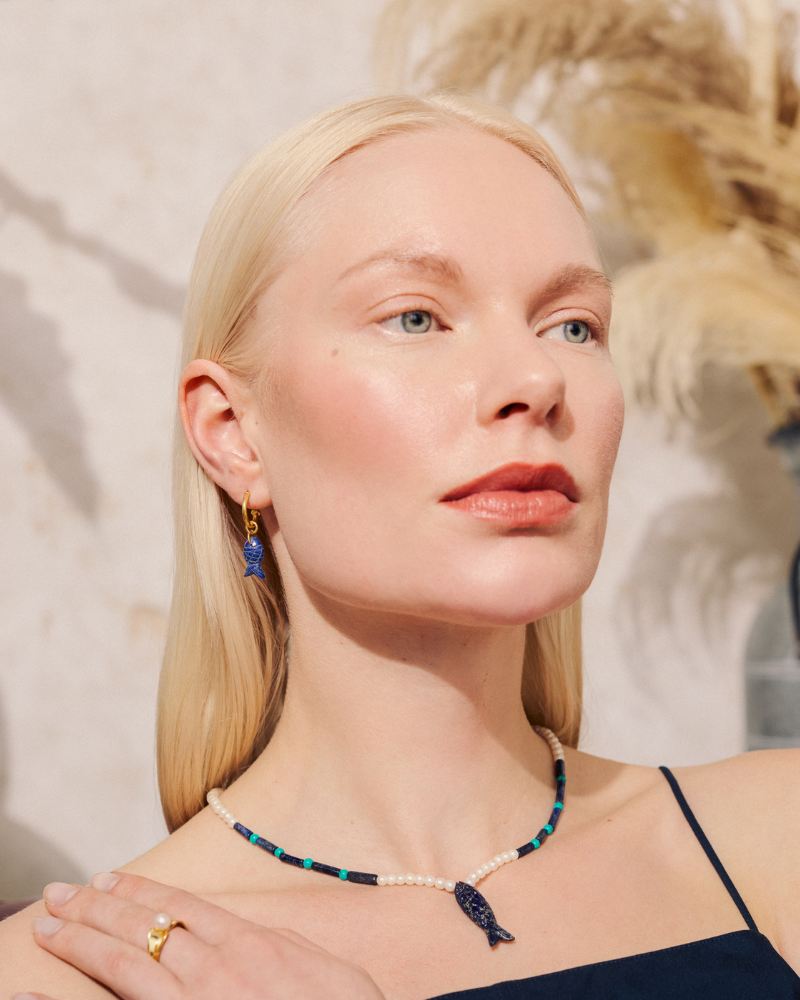 La pesca necklace with carved lapis, turquoise and pearl