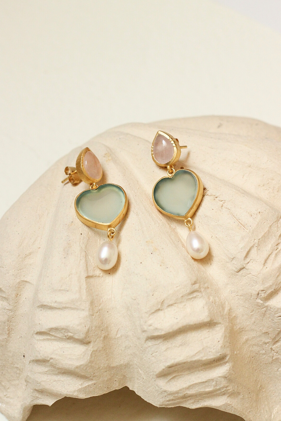 Ula earrings with aqua and rose quartz and pearl - Sample