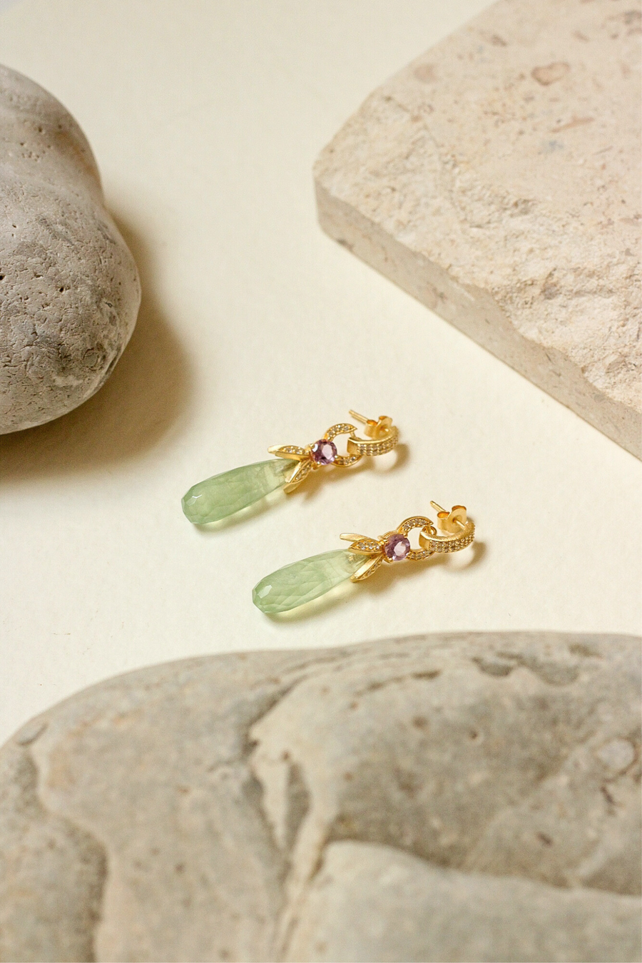 Ellen earrings in prehnite and pink amethyst - Last piece