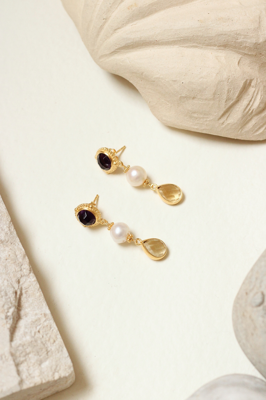 Lottie earrings in amethyst, citrine and pearl - Sample