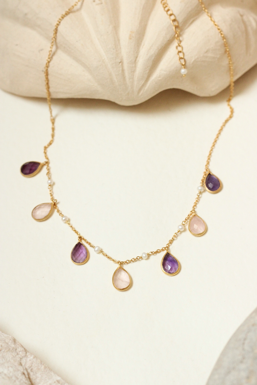 Masha necklace with amethyst, rose quartz and pearl - Sample