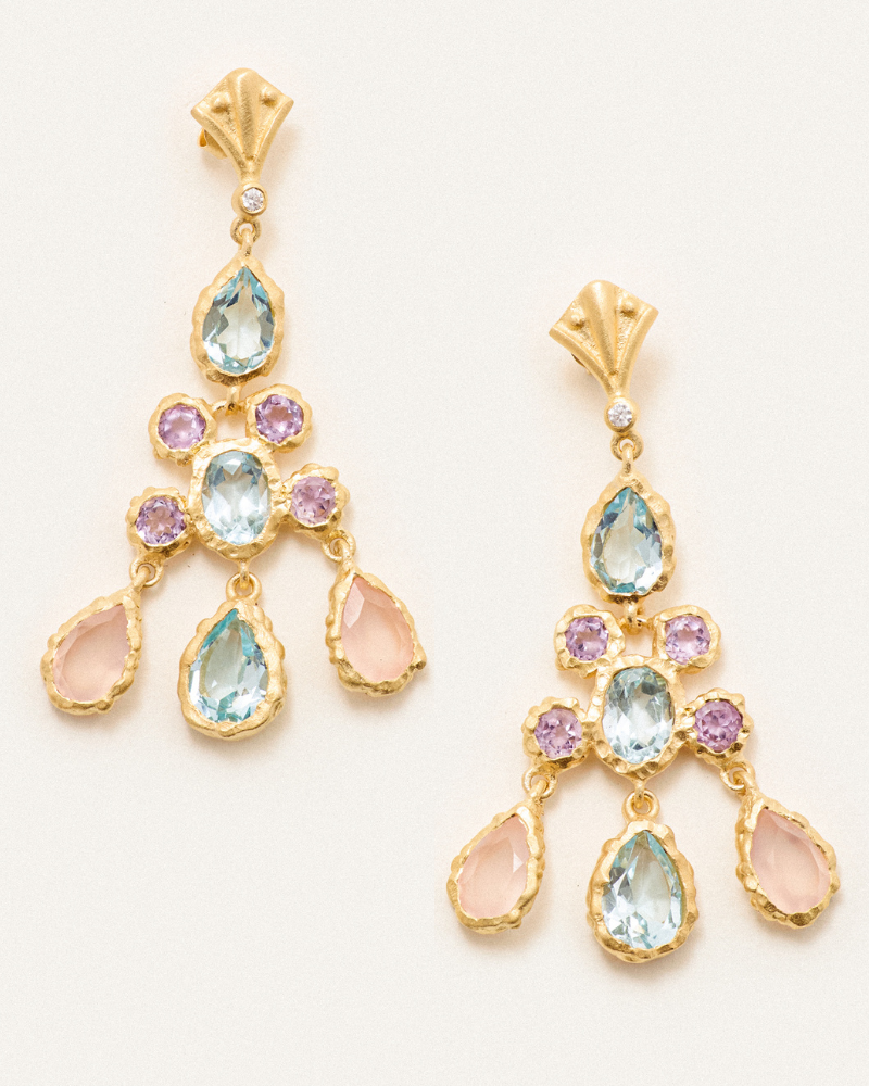 Delphi earrings with pink amethyst, blue topaz and chalcedony