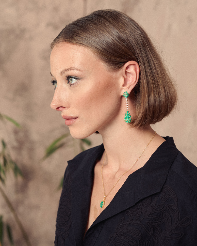 Pendulum statement earrings with onyx and white topaz