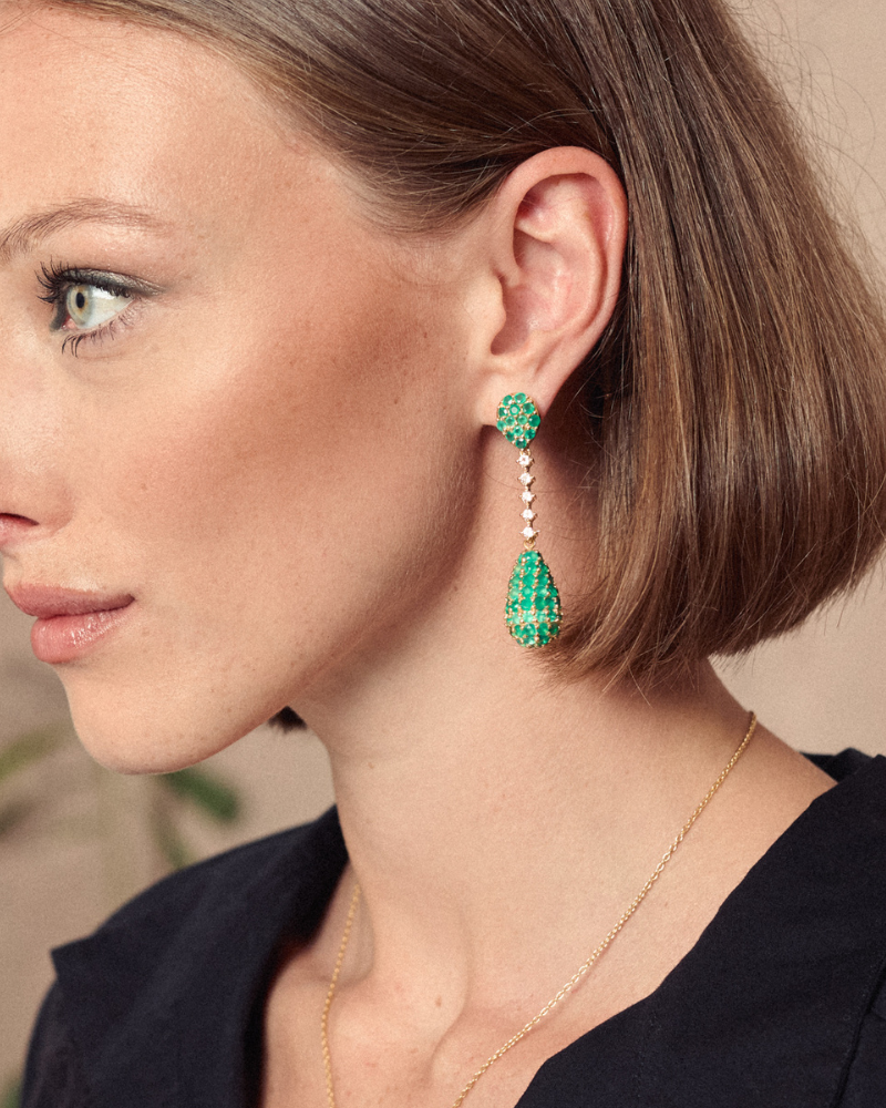 Pendulum statement earrings with onyx and white topaz