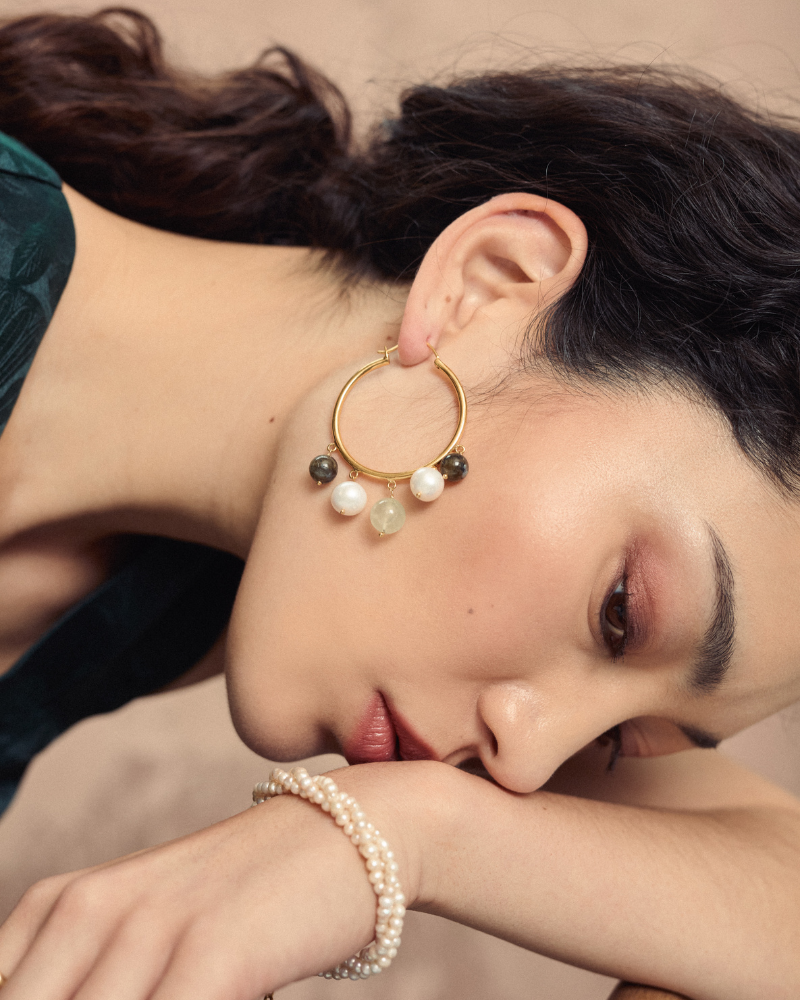 Goldie hoops with pearl, labradorite and prehnite