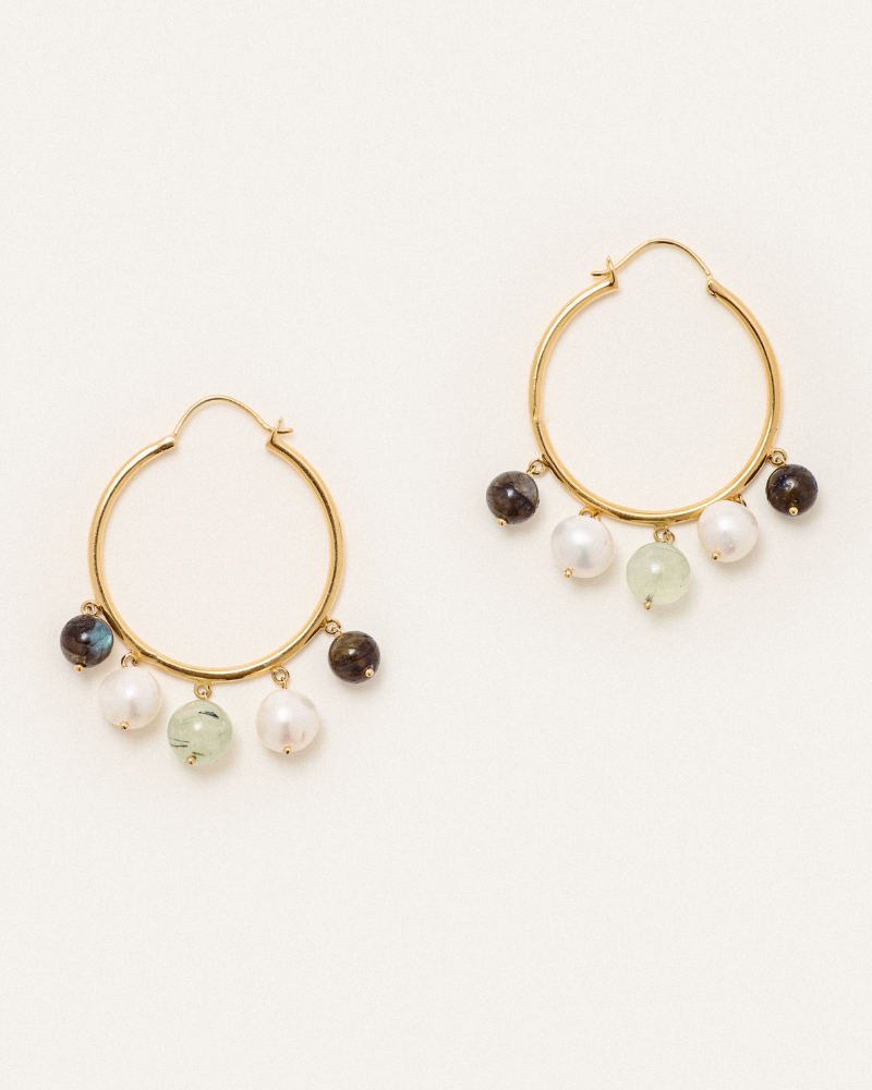 Goldie hoops with pearl, labradorite and prehnite