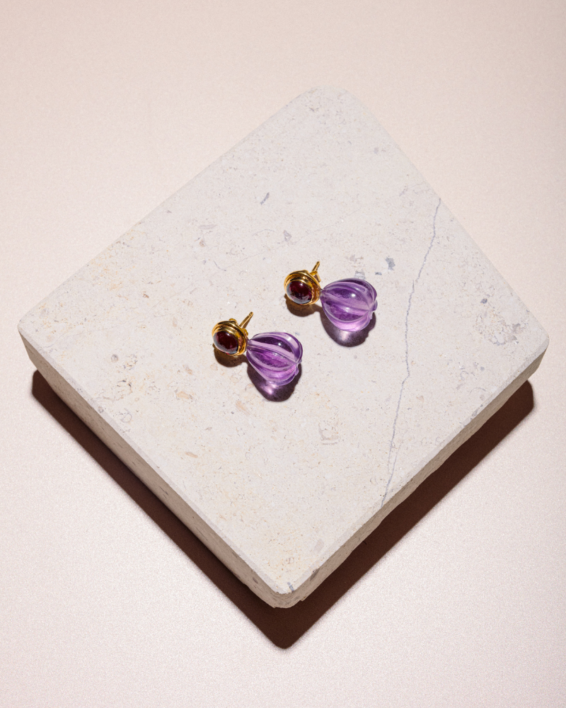 Ruby statement studs with garnet and amethyst