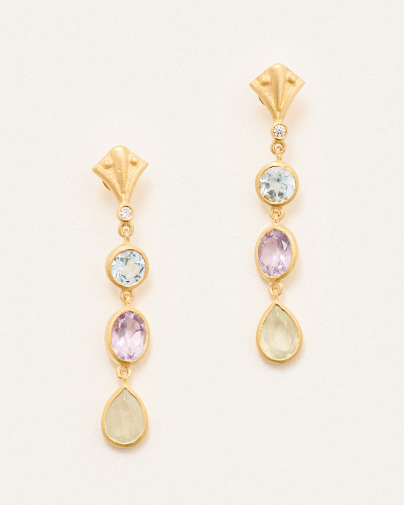 Venus earrings with blue topaz, amethyst and prehnite