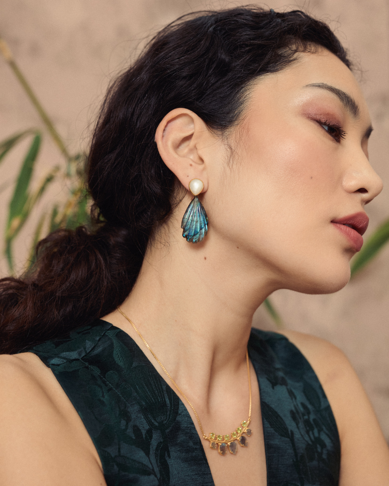 Penelope statement earrings in moonstone and labradorite