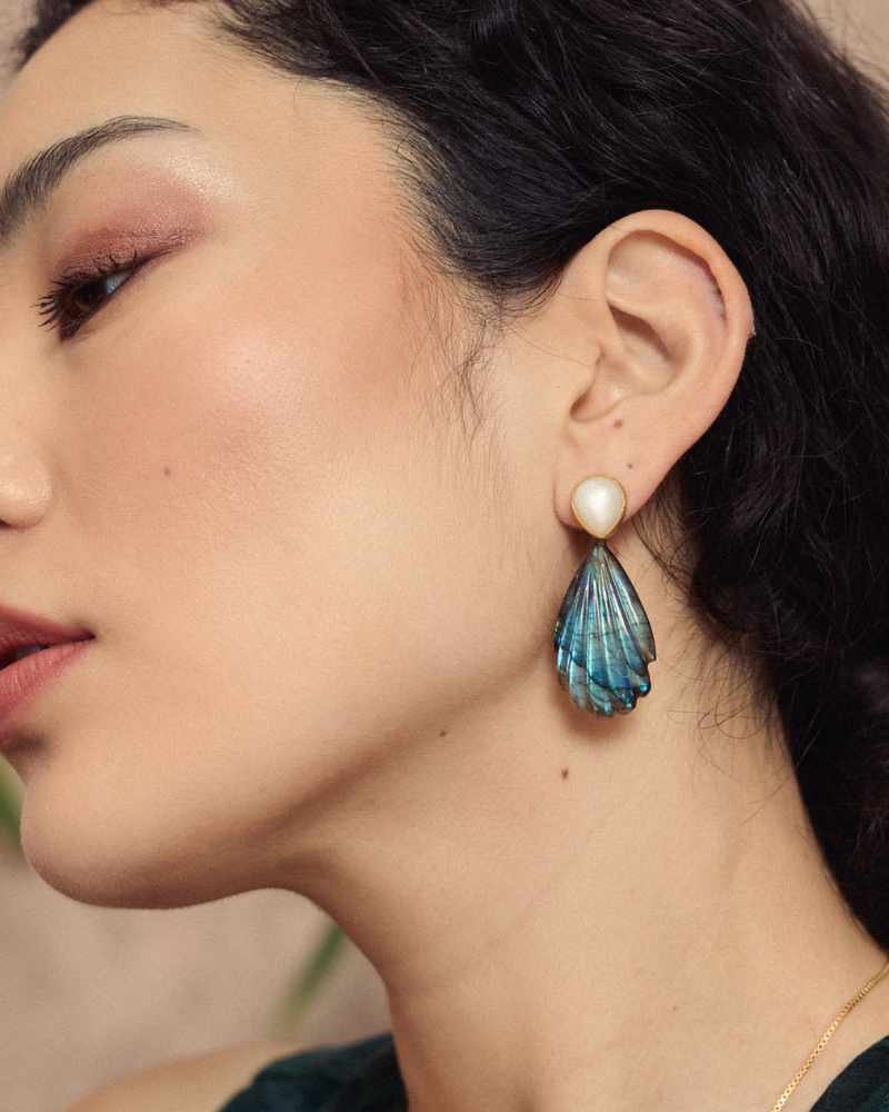 Penelope statement earrings in moonstone and labradorite