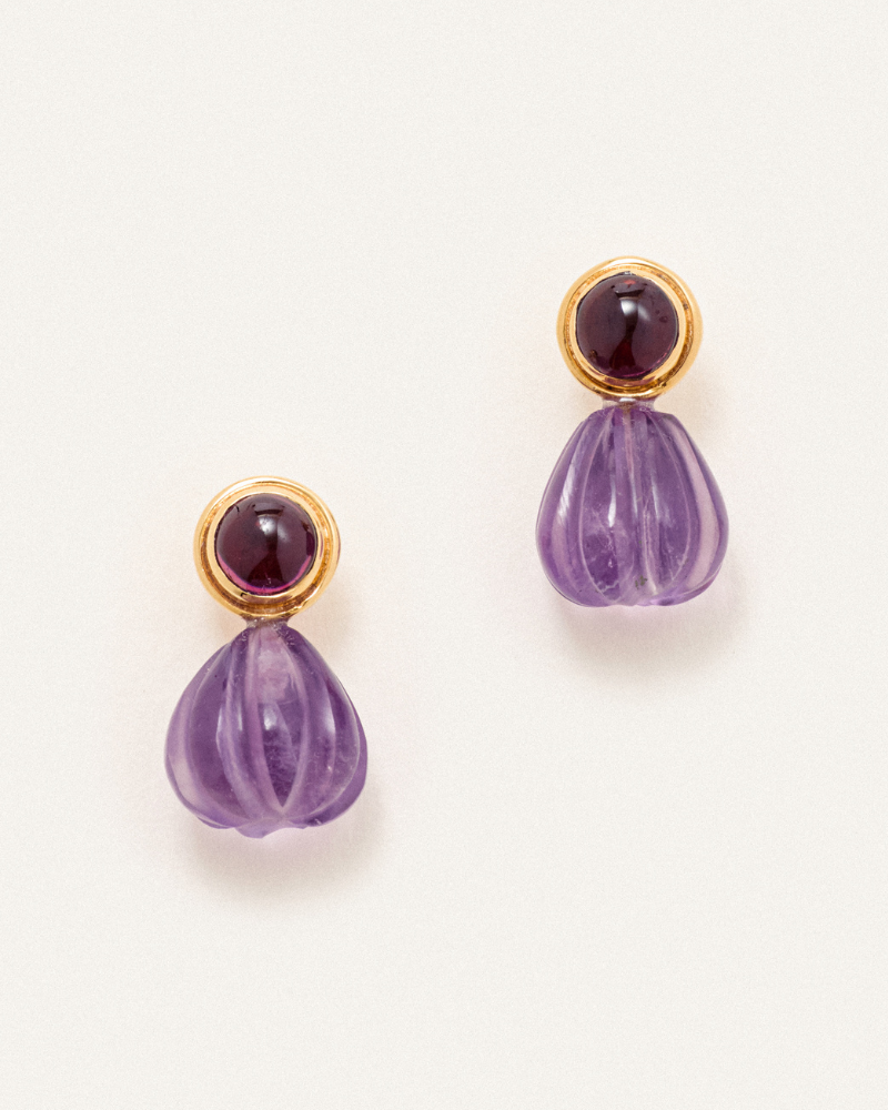 Ruby statement studs with garnet and amethyst