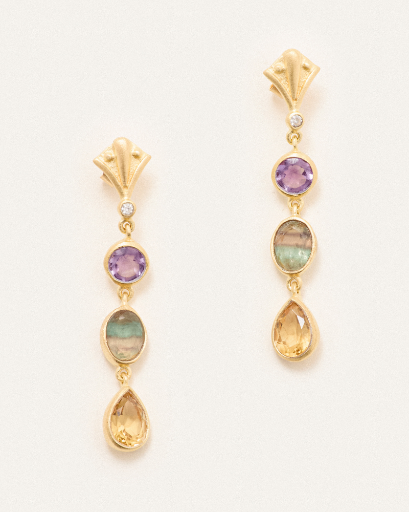 Venus earrings with pink amethyst, fluorite and citrine