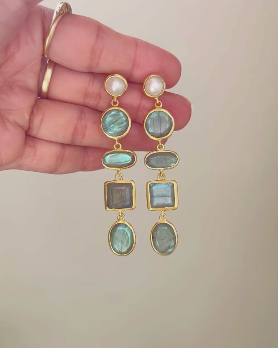 Marilyn statement earrings with labradorite and pearl - pre-order