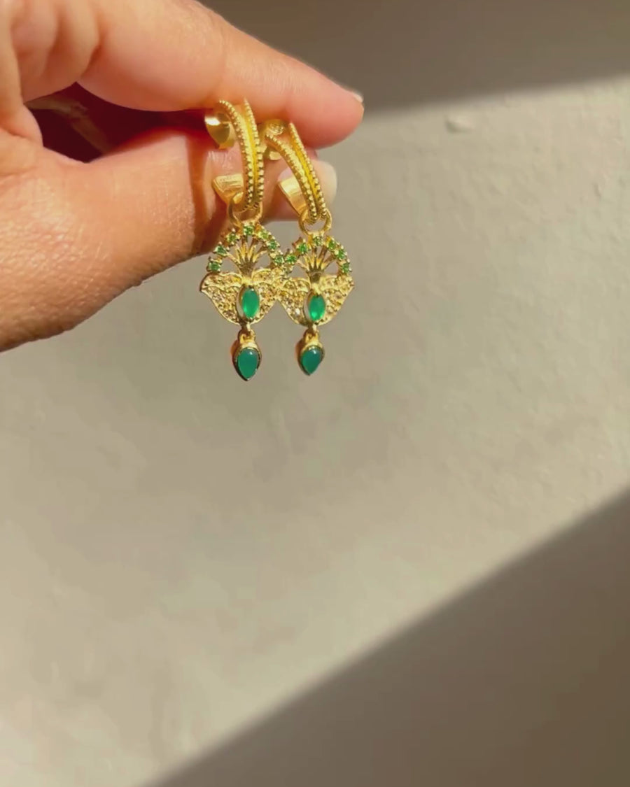 Lucky peacock hoops with green onyx - gold vermeil