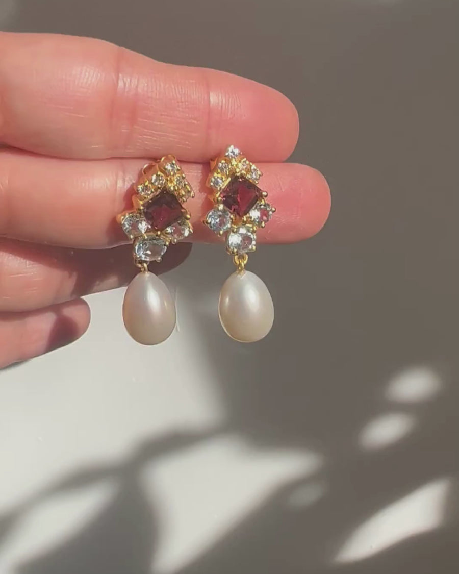 Clara earrings with pink tourmaline, blue topaz and pearl