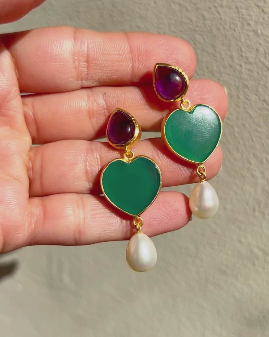 Ula earrings in amethyst and green onyx and pearl - pre-order