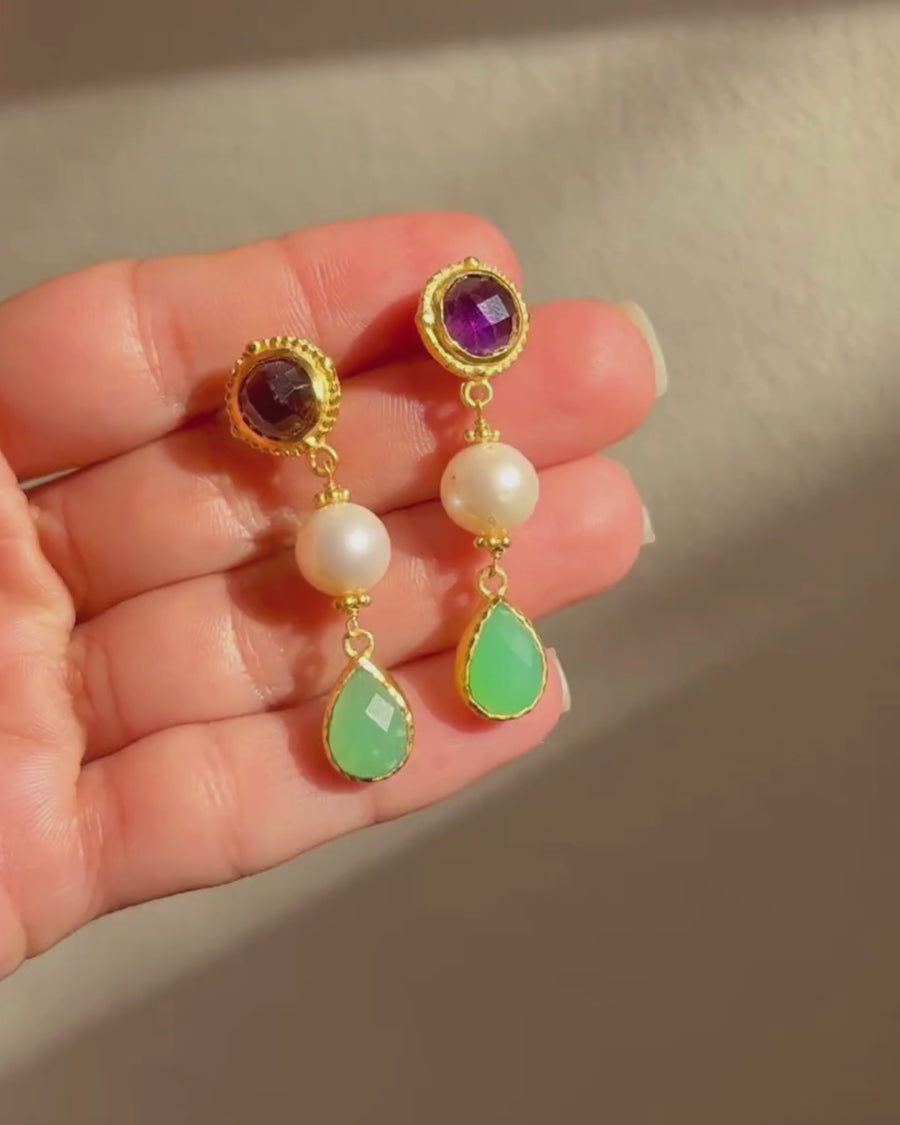 Lottie earrings in amethyst, chrysoprase and pearl