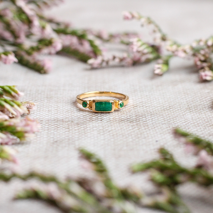 Gold vermeil emerald corundum and white topaz deco ring
