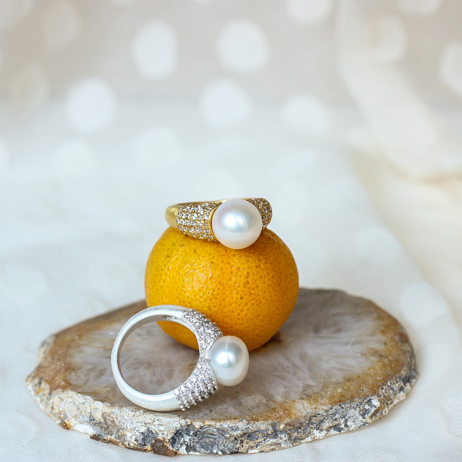 Pearl and crystal gold statement ring
