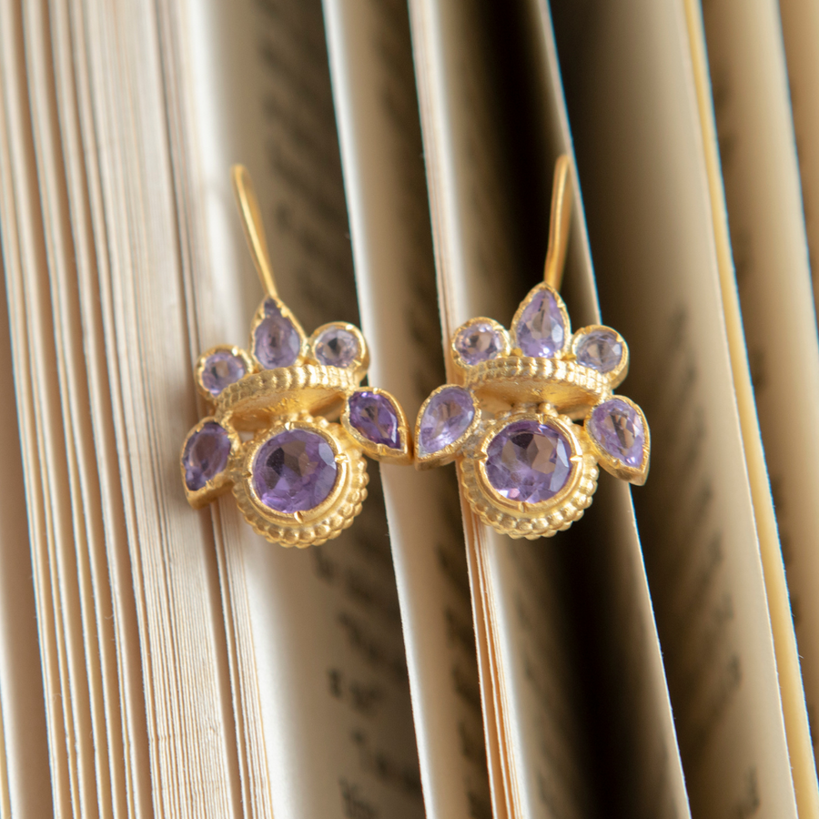 Intricate amethyst heritage gold earrings