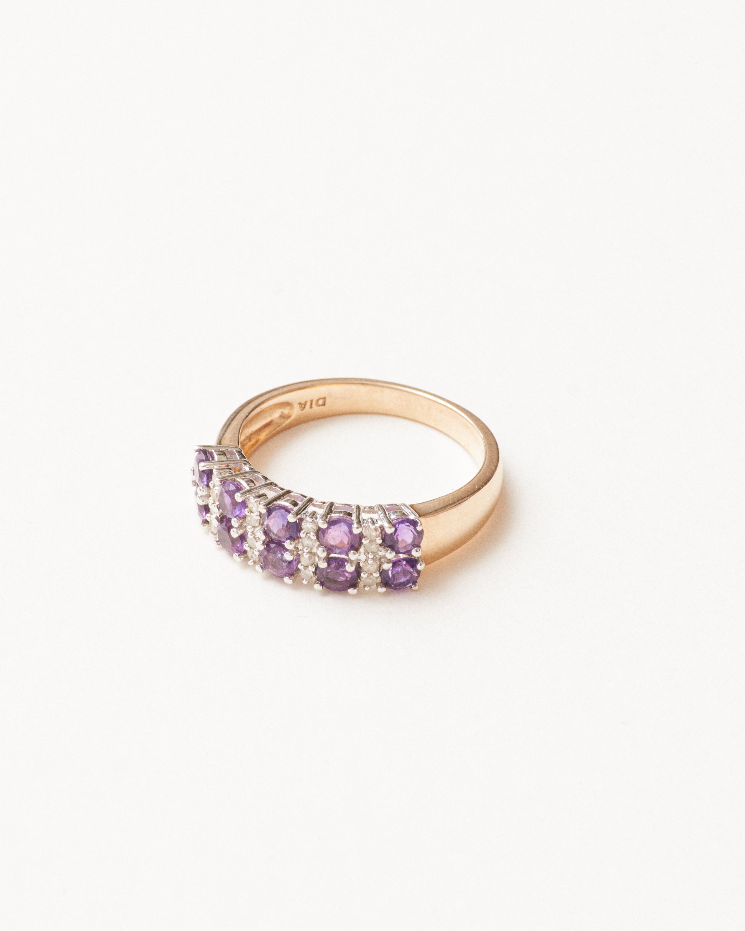 Vintage double row amethyst and diamond ring - 9 carat solid gold