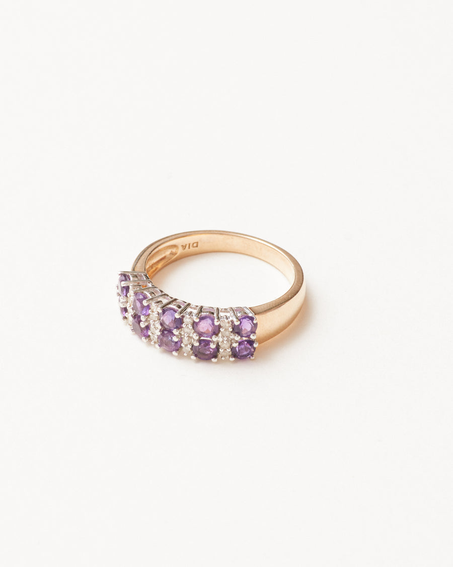 Vintage double row amethyst and diamond ring - 9 carat solid gold