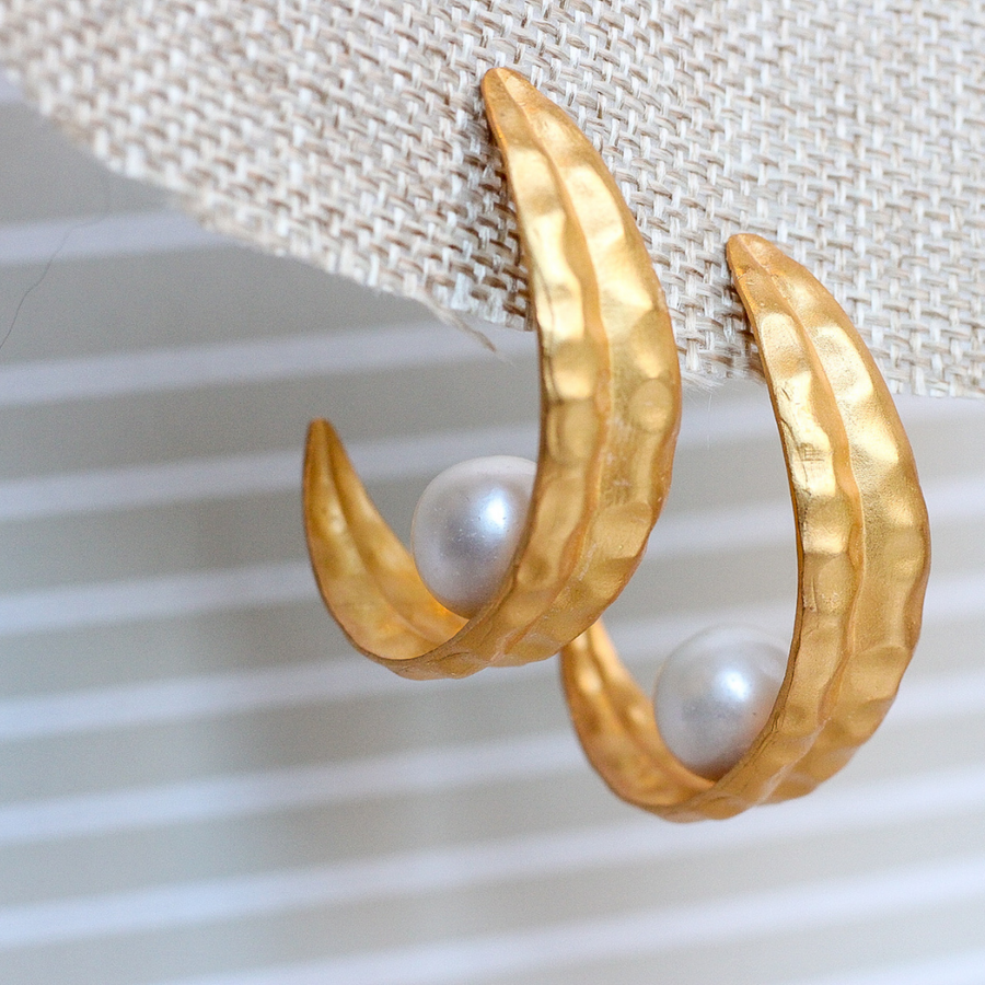 Hammered half moon pearl hoops - gold vermeil