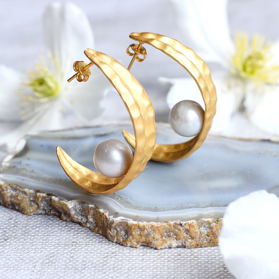 Hammered half moon pearl hoops - gold vermeil