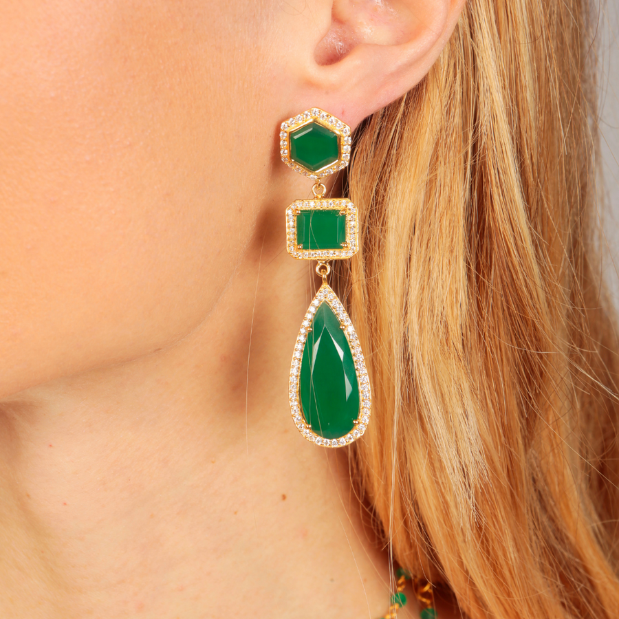 Twilight statement earrings with green onyx and crystals