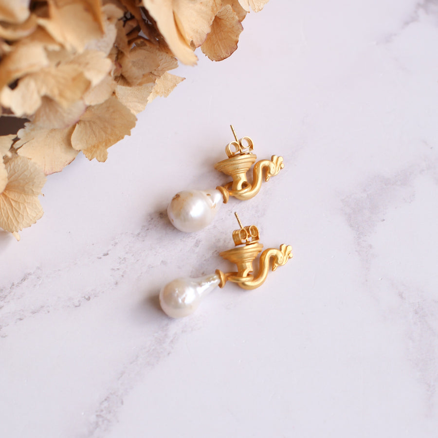 Mystical peacock and baroque pearl gold earrings