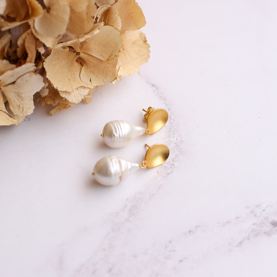 Gold nugget and pearl earrings