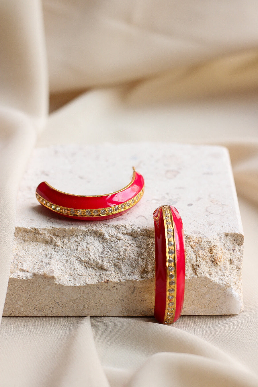 Arc crystal hoops in deep pink enamel - Sample