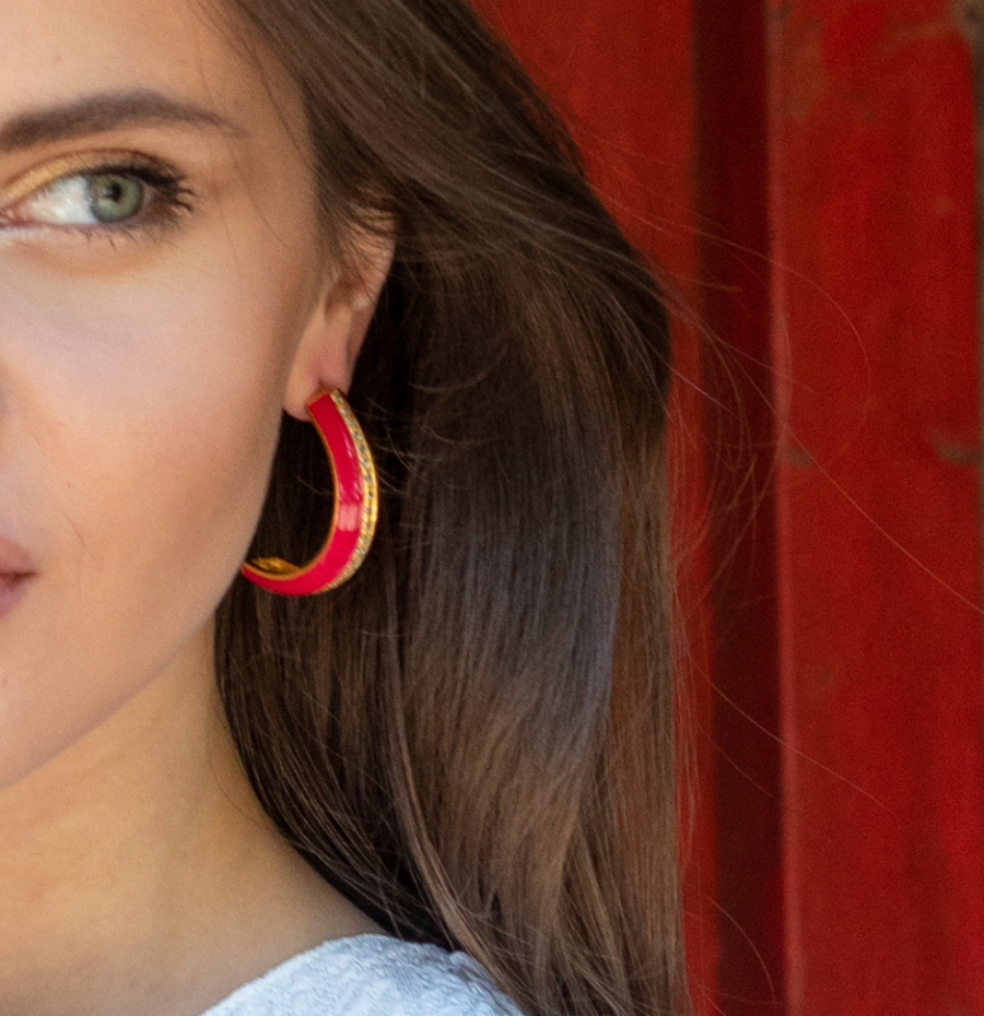 Arc crystal hoops in deep pink enamel - Sample