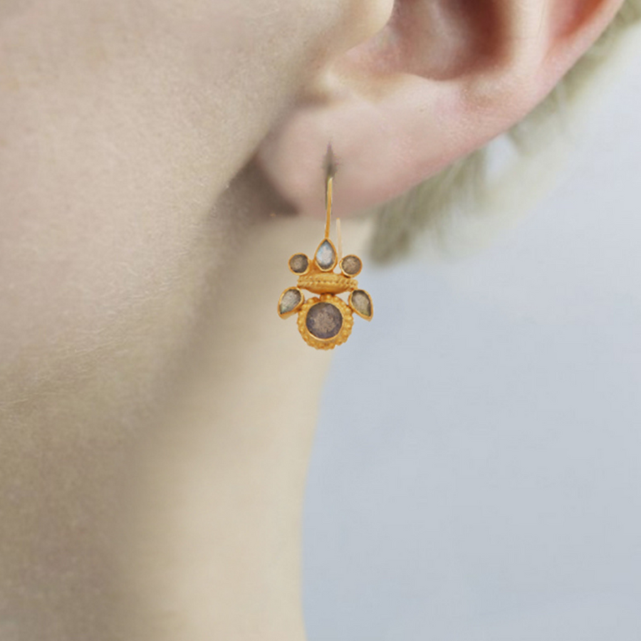 Intricate labradorite heritage gold earrings