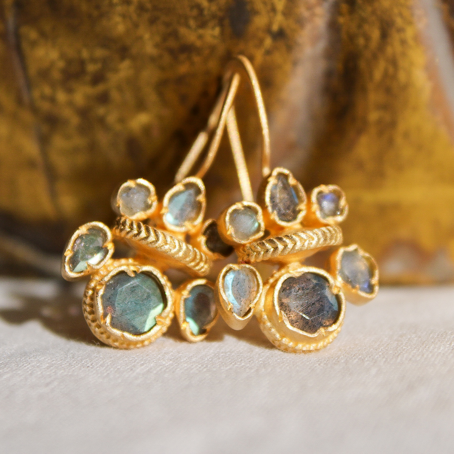 Intricate labradorite heritage gold earrings